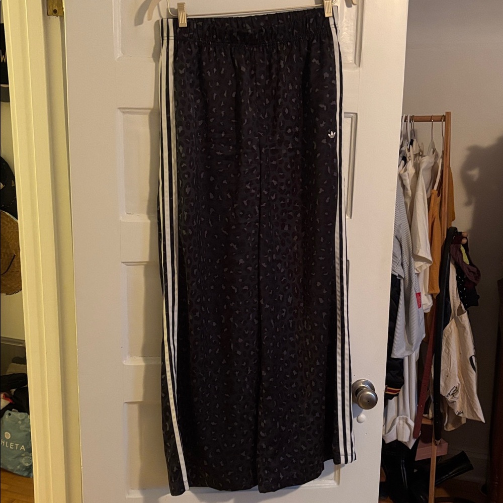 Adidas Leopard Print Satin Wide Leg Track PantsSize L color carbon NWT - Picture 3 of 6